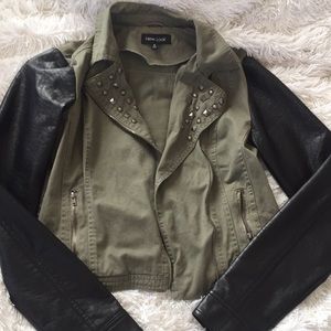 Army green jacket with pleather sleeves
